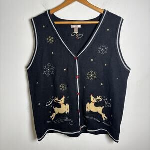 Christmas Sweater Vest White Stag Ugly XL Women Reindeer Black Button Front